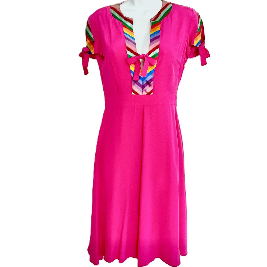 Etro Milano 100% Silk Dress Pink Rainbow Trim Short Sleeve It 42 Italy